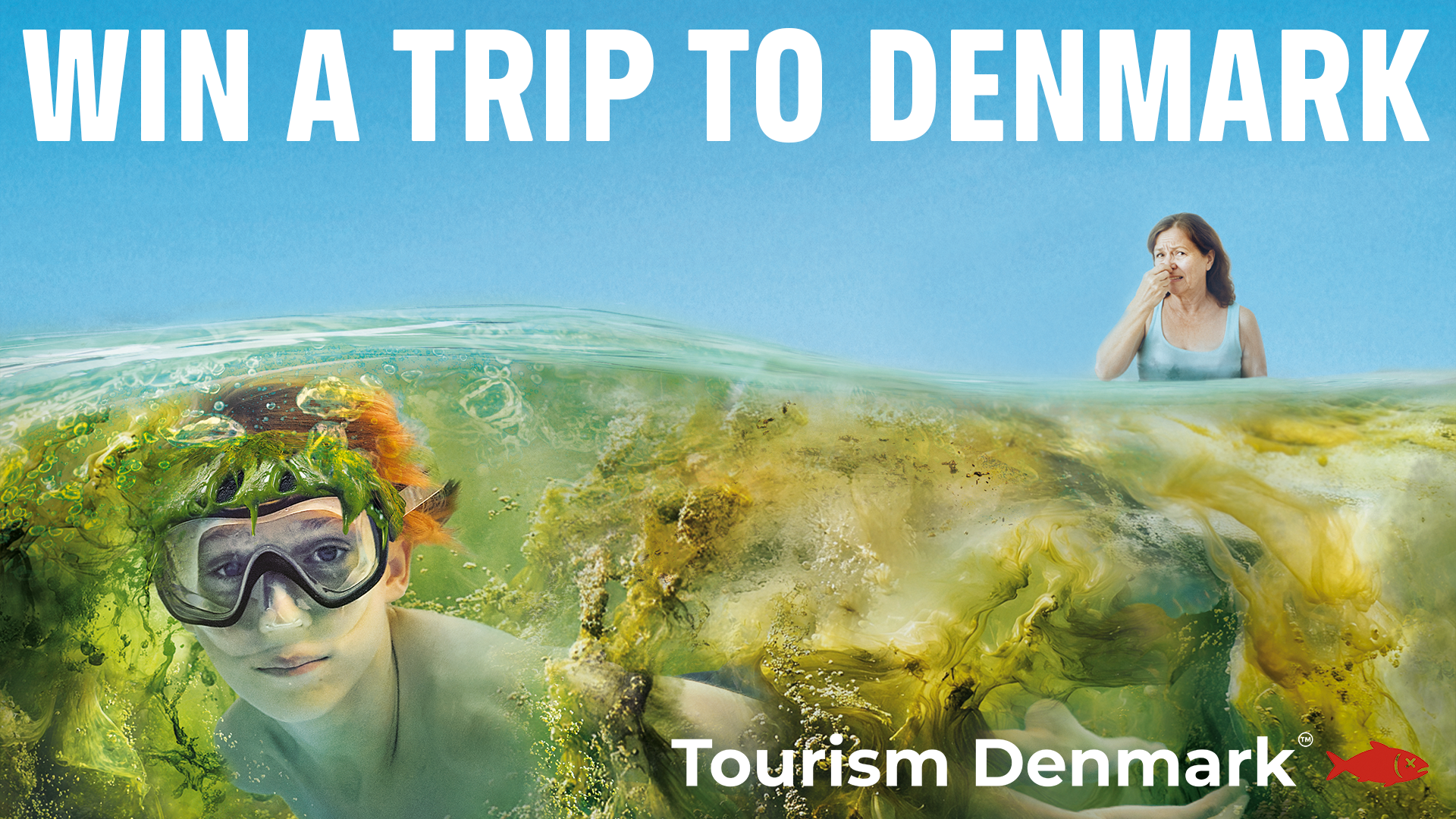 The Greenpeace campaign Tourism Denmark shows the nature crisis in Denmark in an advertisement with a boy bathing in algae while his mother holds her nose.